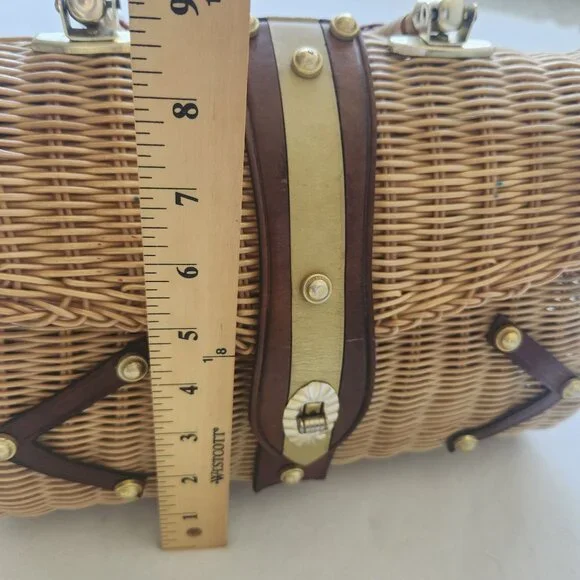 Vintage 1960's Woven Plastic Wicker Handbag Purse Leather Retro Cottagecore Cute - Picture 9 of 16